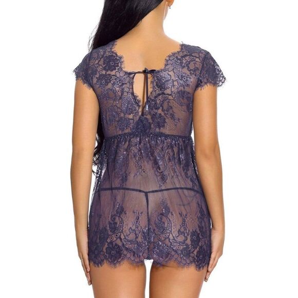 NEW KISS ME ANGEL Lingerie Blue Lace-Trim Flutter-Sleeve Babydoll & G-String MED - Picture 5 of 9